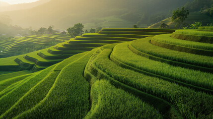 Aerial view of green rice fields. Agricultural landscape in Asia captured by drone. Green field, place for nature travel. Plantation agriculture, rice.