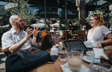 Startup team having an outdoor business meeting, discussing ideas and strategizing. Collaborative brainstorming in a modern cafe setting.