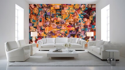 Frame mockup in farmhouse living room design, white furniture on bright wall background