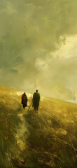 Fototapeta premium Two Characters Walking in Field, Light Green Style