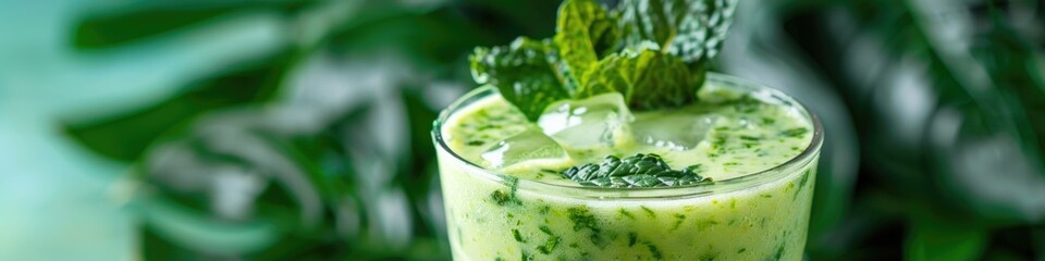 Obraz premium Banner with refreshing green smoothie with bubbles, set against a lush green background.