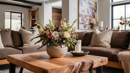 Flowers in vase on wooden coffee table in fashionable living room interior with brown corner sofa with pillows and abstract