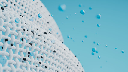 Close up of white fabric with dirt particles against blue backdrop with a drops of water. Washing, clean concept. 3d render illustration