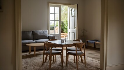 Wooden table on carpet in front of grey sofa in minimal living room interior with door