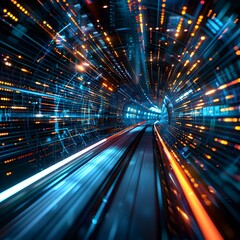 Fototapeta premium Blue and orange glowing technology tunnel