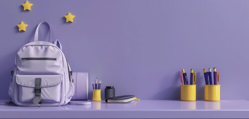 Lavender-hued school desk rendered in 3D, equipped with all necessary learning tools,