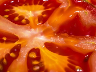 A closeup of a tomatoe cut in half shiny oily yummy studio lights
