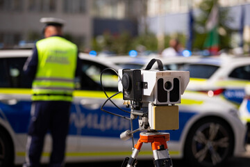 Police mobile speed camera on parking