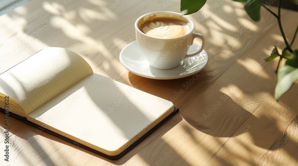 Poster Minimalist Workspace with Notebook and Coffee Cup on Tidy Desk from Above