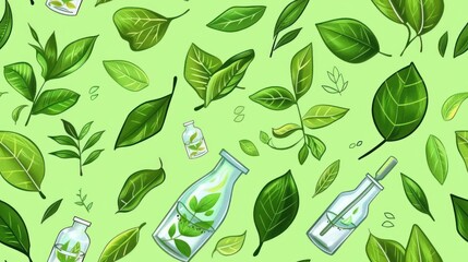 Green Leaves and Glass Bottles Seamless Pattern