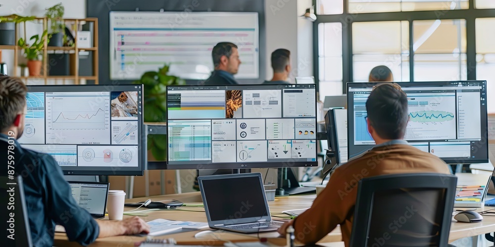 Poster data analysis workspace with multiple monitors