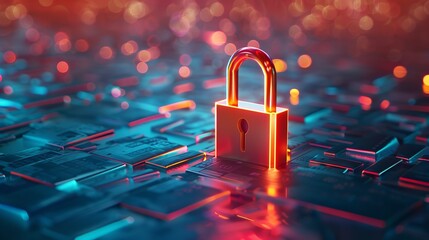 a blue lock on a square surface, Glowing Padlock on Tiled Floor