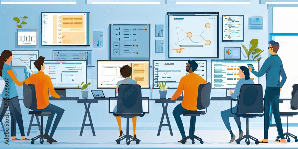 Poster team of data analysts working on project in modern office