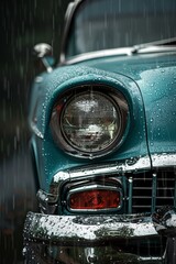 Photo type macro shot of a vintage car color tone teal with high contrast subject focus wet car details highlighting headlight and chrome accents background out of focus dark to enhance subject
