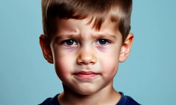 Emotional teenage boy on plain blue background, showing facial expression	