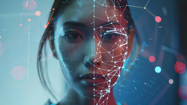 Futuristic Facial Recognition Technology - Close-up of Woman's Face with Digital Network Connections Highlighting AI and Biometrics