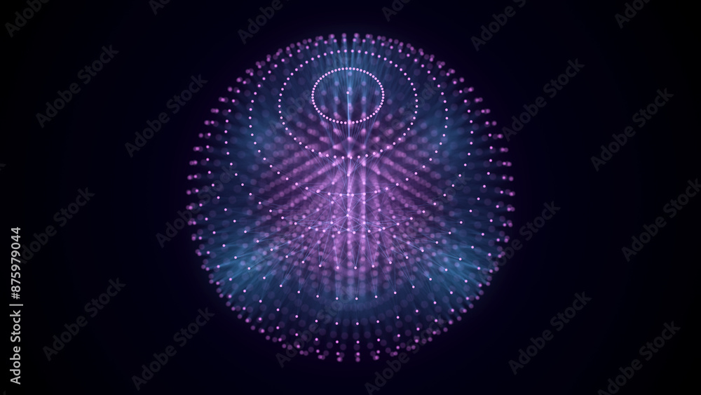 Fototapete Abstract pink sphere with connecting dots and lines. Wireframe technology sphere with explosion effect. Big data visualization. 3d rendering.