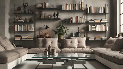 wall of scandinavian living room with modern couch, metal shelves and industrial coffee table