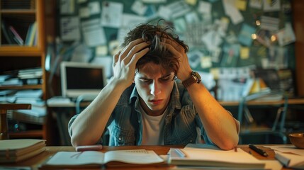 A stressed individual overwhelmed by study or work pressure, depicting acute stress disorder and emotional breakdown in a high-pressure academic or professional environment
