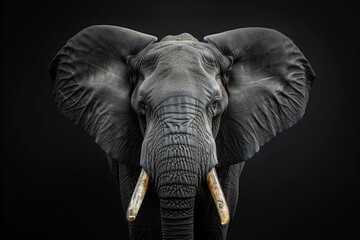 Fototapeta premium Close up of african elephant head with big tusks on black background