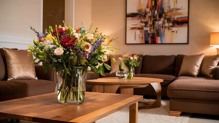 Flowers in vase on wooden coffee table in fashionable living room interior with brown corner sofa with pillows and abstract