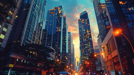 Fototapeta premium Twilight Glow - High-Rise Commercial Building Illuminated by Vibrant City Lights at Dusk