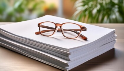 A stack of blank white paper sheets with a pair of glasses resting on top.