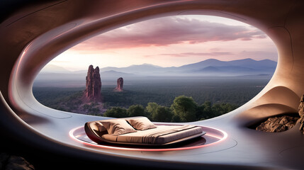 Futuristic interior design of a modern bedroom with a huge oval window and a picturesque landscape behind it