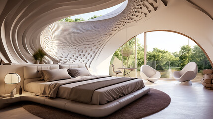 Futuristic interior design of modern bedroom with forest view