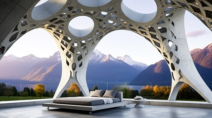 Futuristic design of a relaxation area with a bed on a terrace overlooking a mountain lake