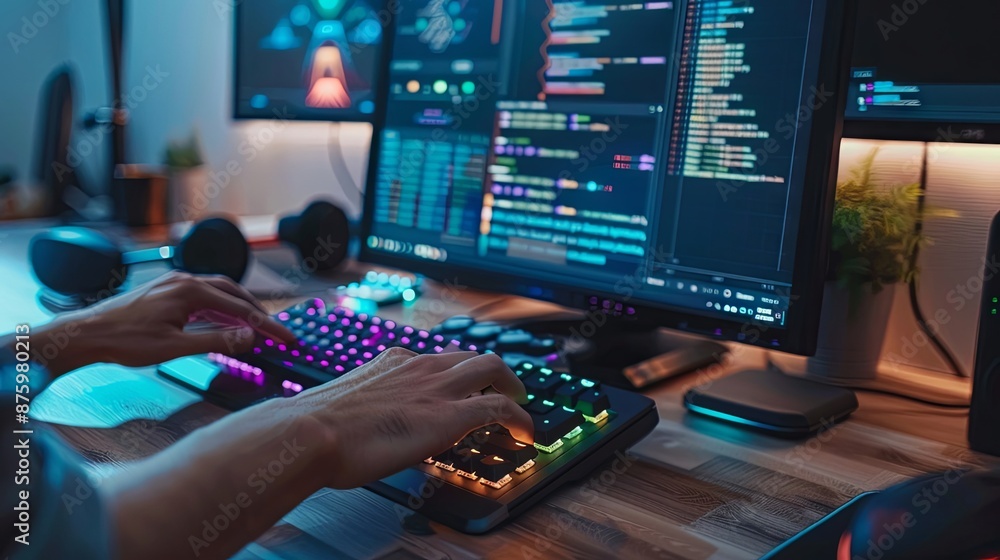 Poster hands typing on a keyboard with glowing lights in front of a computer monitor