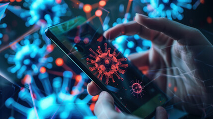 Digital Virus Spread Concept - Close-up of Smartphone Screen Displaying Red Virus Symbol Amidst Network Connections Highlighting Cybersecurity Threats