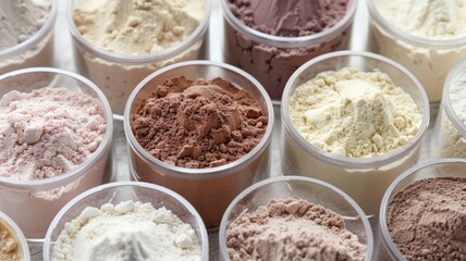 Close-up of various protein powders in transparent containers, showcasing different colors and textures
