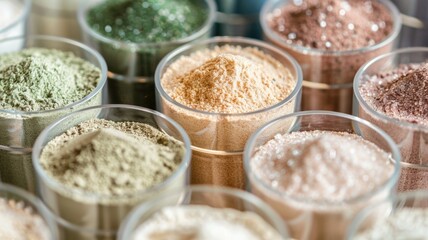Fototapeta premium Close-up of various protein powders in transparent containers, showcasing different colors and textures