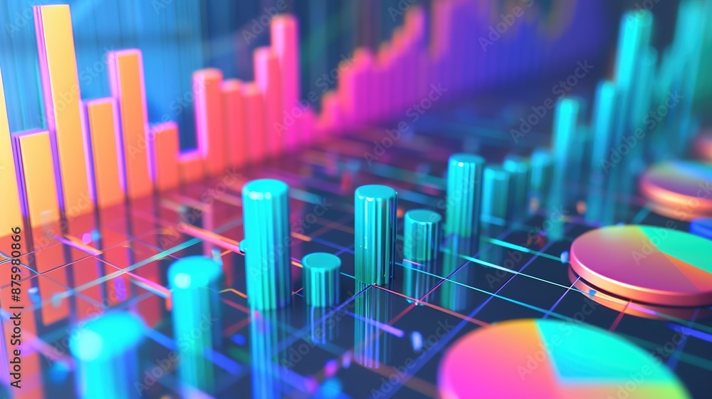 Poster digital financial growth chart with 3d bar graphs and pie charts