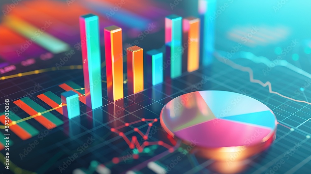 Poster modern digital financial growth chart with 3d bar graphs and pie charts on technology background wit