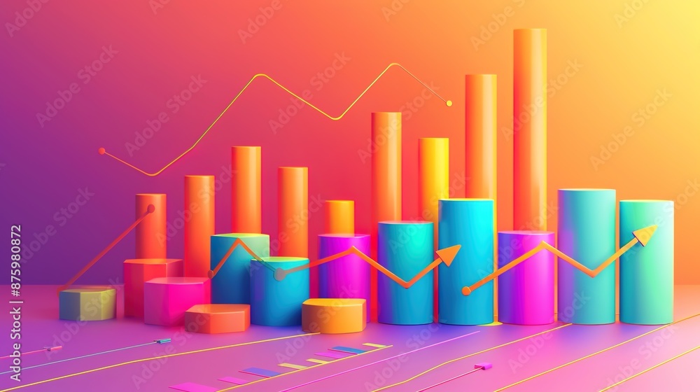 Poster illuminating financial analysis: 3d bar graphs and arrows on gradient background