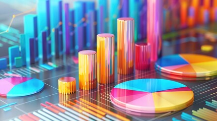 Obraz premium Visualizing Financial Growth through 3D Bar Graphs and Pie Charts with Empty Space for Custom Data on the Right