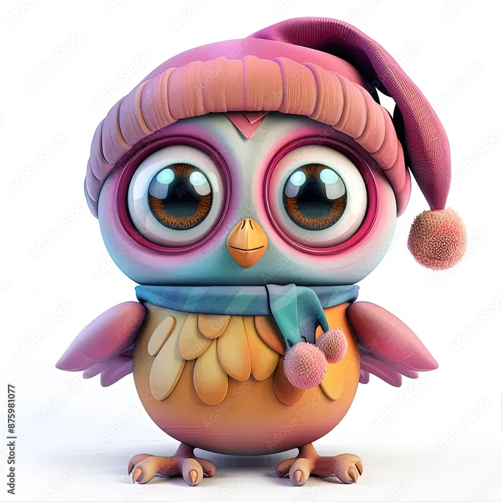 Poster a cartoon owl wearing a hat and scarf