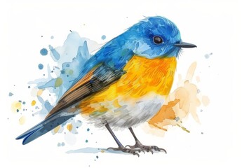 Blue and yellow bird watercolor style white background