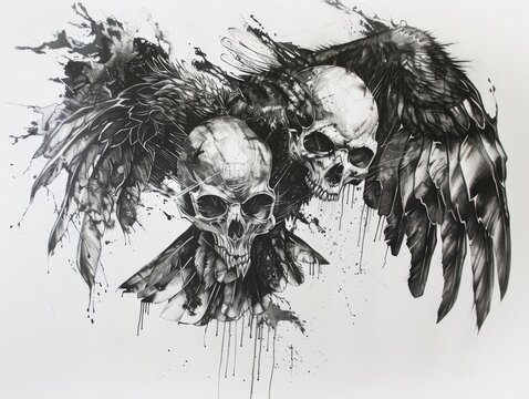Black drawing on white paper sketch of a two headed eagle combined with a skull