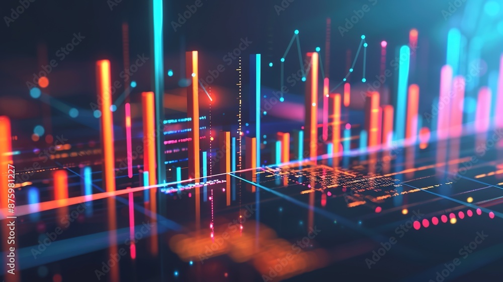 Poster dynamic financial market trends visualized with 3d graphs in a modern setting