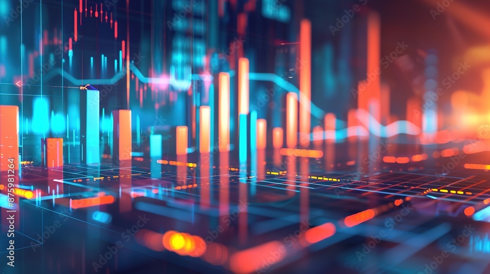 Poster dynamic financial market trends visualized in 3d bar and line graphs on a spacious layout