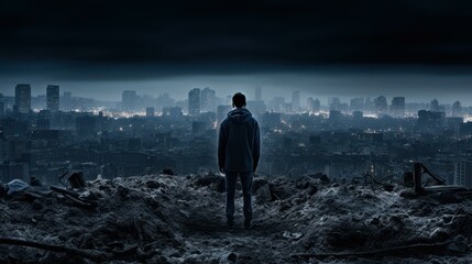 A lone survivor wanders through a desolate city, surrounded by wreckage and solitude.