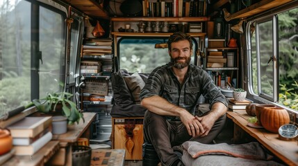 Cozy van life interior with a man relaxing, surrounded by books and nature outside the windows.