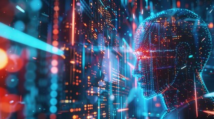 Hyper realistic AI analyzing data with abstract shapes and vibrant colors, digital innovation, futuristic concept