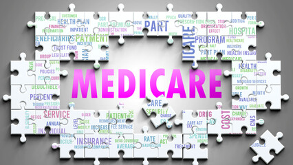 Medicare as a complex subject, related to important topics. Pictured as a puzzle and a word cloud made of most important ideas and phrases related to medicare. ,3d illustration