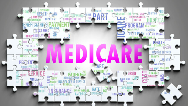 Medicare as a complex subject, related to important topics. Pictured as a puzzle and a word cloud made of most important ideas and phrases related to medicare. ,3d illustration