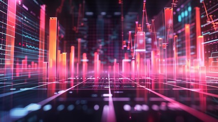 Obraz premium Dynamic Financial Growth Visualization in 3D with Data Points and Charts on Spacious Background