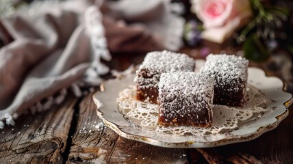 Three powdered sugar-covered brownies on decorative plate